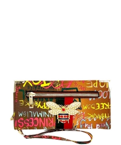 Graffiti Queen Bee Stripe Clutch Wallet Wristlet GP036B TAN